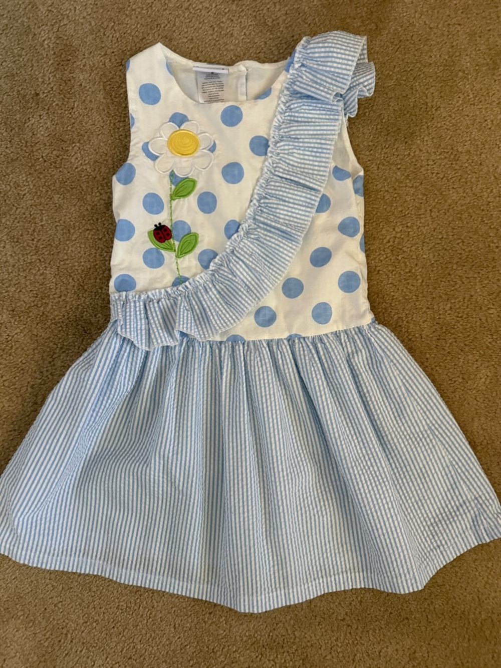 Blue Polka Dot & Stripe Ruffle Flower Appliqué Kids Dress